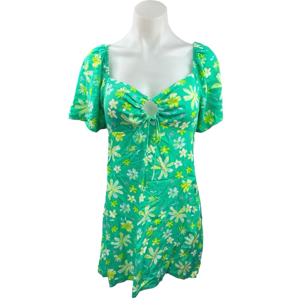 Primark Green Yellow Keyhole Floral Puff Sleeve Tropical Shift Mini Dress Size 8